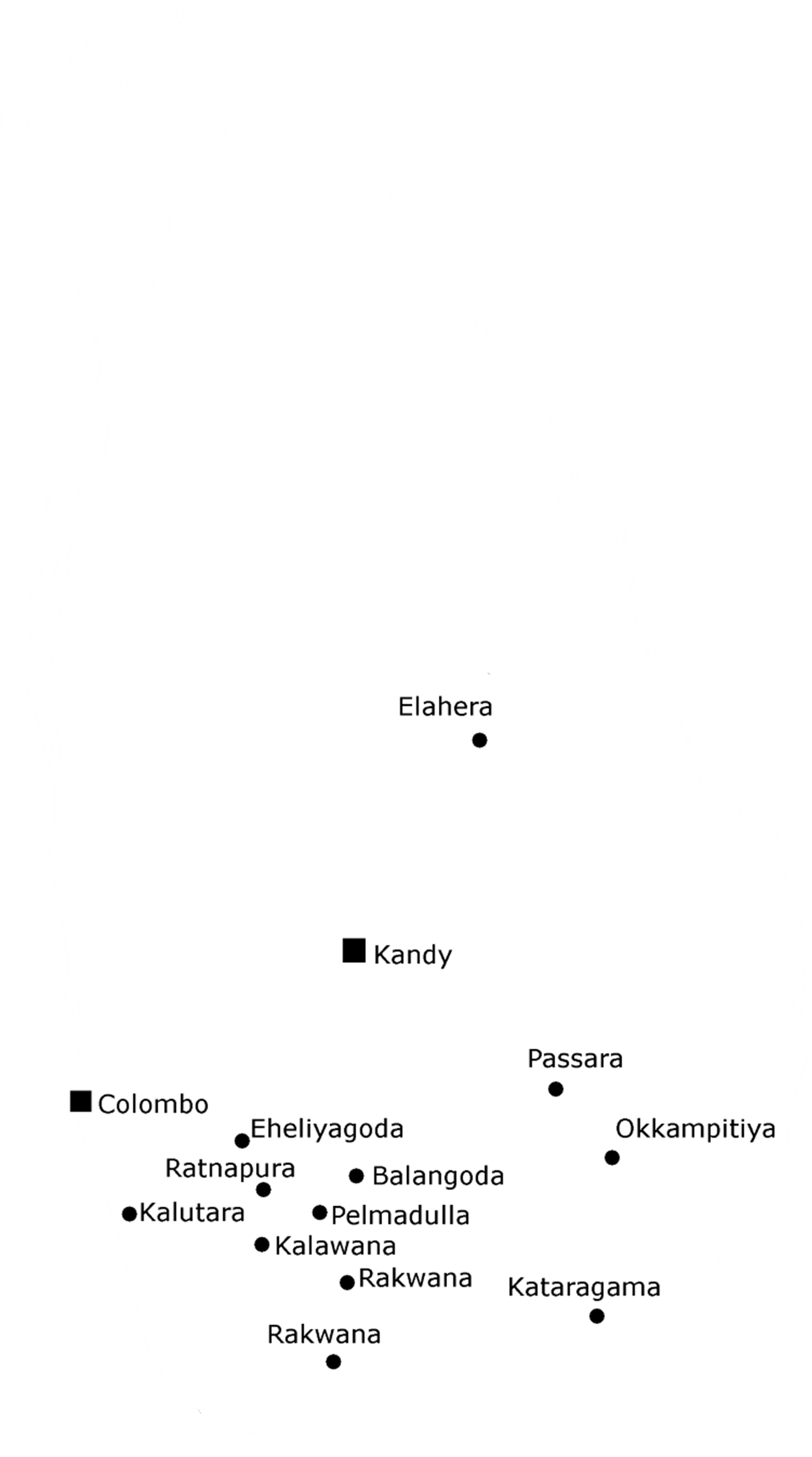 Map of Sri Lanka showing gem-producing regions